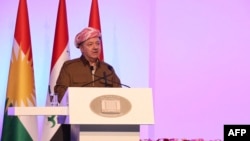 FILE - Masoud Barzani delivers a speech in Irbil, the capital of the Kurdish autonomous region in northern Iraq, in this handout photo released by Iraq's autonomous Kurdish region President's Office on June 10, 2019.