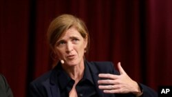 FILE - Harvard professor Samantha Power, former U.S. Ambassador to the United Nations, addresses an audience at a forum on the campus of Harvard University, in Cambridge, Mass., Oct. 16, 2017.