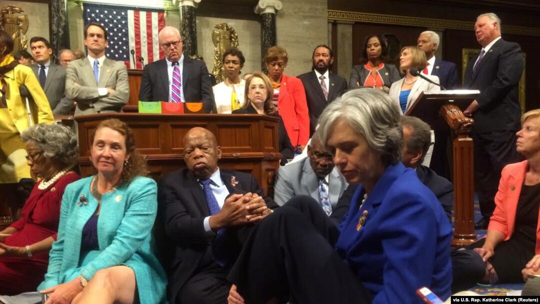 A photo shot and tweeted from the floor of the U.S. House of Representatives shows Democratic members of the House staging a sit-in on the House floor "to demand action on common sense gun legislation" on Capitol Hill, in Washington, June 22, 2016. 