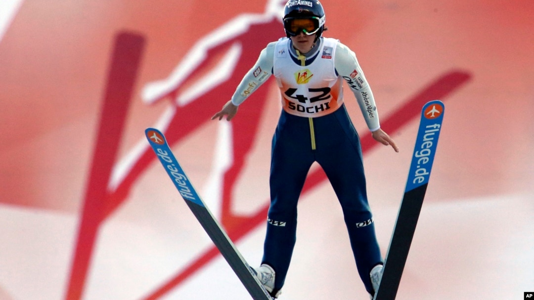 FILE - Coline Mattel of France makes her competition jump, during the Women's Normal Hill Individual event at the FIS Ski jumping Cup in Sochi, Russia.