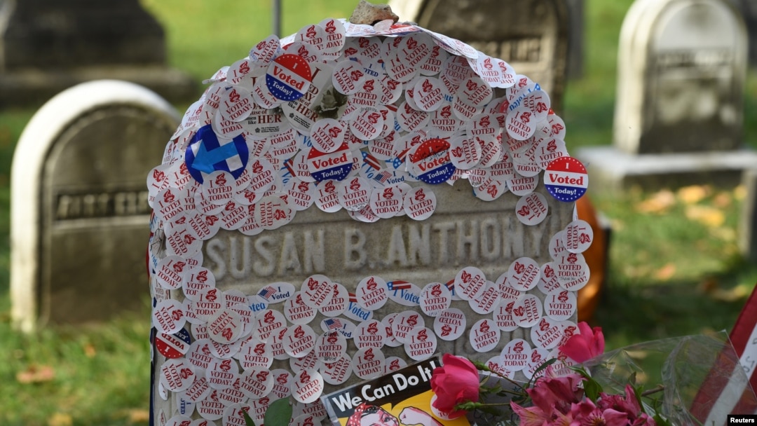 The grave of women's suffrage leader Susan B. Anthony is covered with "I Voted" stickers left by voters in the U.S. presidential election, at Mount Hope Cemetery in Rochester, New York, November 8, 2016.