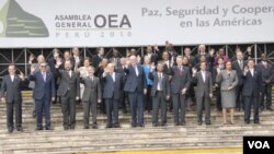 U.S. Secretary of State Hillary Rodham Clinton poses with leaders during the 40th OAS Assembly Official Ministerial Photo in Lima, Peru June 7, 2010. State Department photo / Public Domain