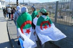 Women wear the Algerian flag during a protest in Algiers, April 26, 2019.