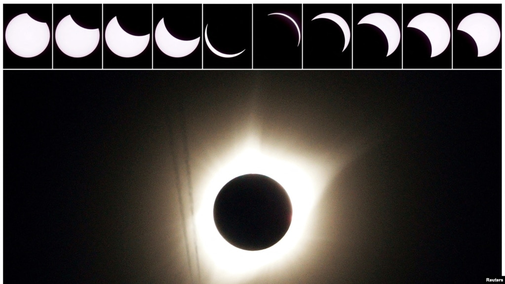 Một tập hợp gồm 10 bức ảnh cho thấy diễn tiến của nhật thực một phần vào lúc một chiếc máy bay phản lực bay vào vùng nhật thực toàn phần tại Guernsey, Wyoming, Mỹ, ngày 21/8/2017.
