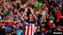  Fernando Torres de l'Atletico Madrid lors de sa présentation au stade Vicente Calderon, Madrid, le 4 janvier 2015. 