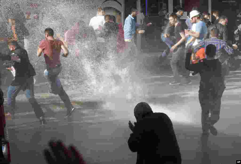 A police water cannon is used against anti-government protesters in Soma,&nbsp; where the coal mine accident took place, May 16, 2014.