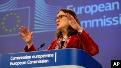 European Union Trade Commissioner Cecilia Malmstrom speaks during a media conference at EU headquarters in Brussels, Friday, Jan. 18, 2019.