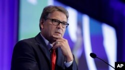 FILE - U.S. Energy Secretary Rick Perry speaks at the California GOP fall convention, Sept. 6, 2019, in Indian Wells, California.