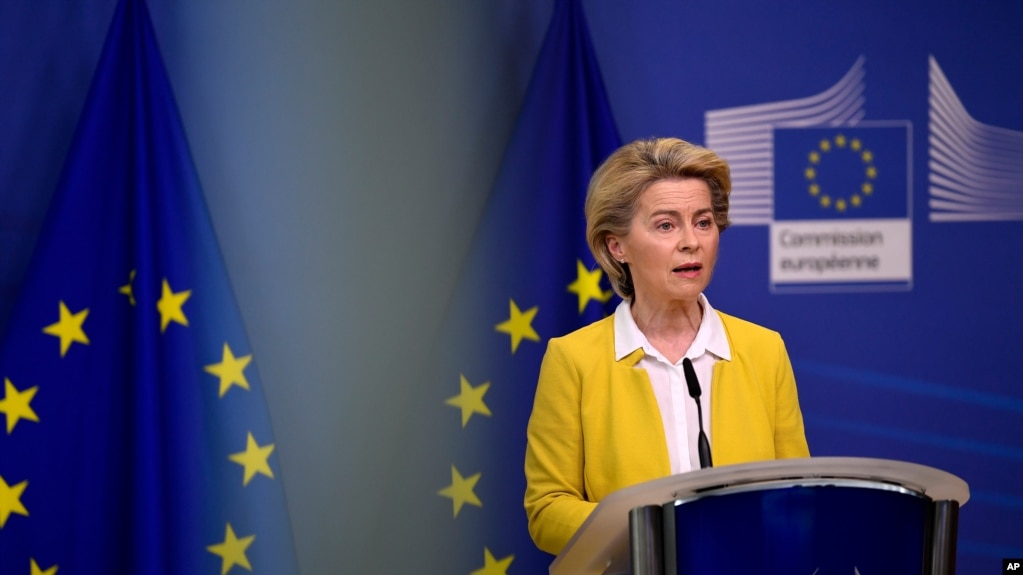 European Commission President Ursula von der Leyen delivers a statement after a meeting of the college of commissioners at EU headquarters in Brussels, Wednesday, April 14, 2021. EU Commission chief Ursula von der Leyen announced plans Wednesday for…