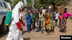 Children watch as a health worker sprays disinfectant outside a mosque in Bamako, Mali, Nov. 14, 2014.