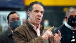 FILE — In this Feb. 22, 2021 file photo, New York Gov. Andrew Cuomo speaks during a news conference at a COVID-19 vaccination site in the Brooklyn borough of New York.