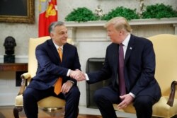 President Donald Trump greets Hungary's Prime Minister Viktor Orban in the Oval Office at the White House in Washington, May 13, 2019.