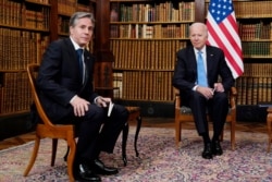 President Joe Biden and Secretary of State Antony Blinken, as they meet with Russian President Vladimir Putin, June 16, 2021, in Geneva, Switzerland.