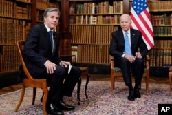 President Joe Biden and Secretary of State Antony Blinken, as they meet with Russian President Vladimir Putin, June 16, 2021, in Geneva, Switzerland.