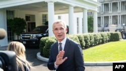 NATO Secretary General Jens Stoltenberg speaks to the media outside of the West Wing of the White House in Washington, June 17, 2024, following a meeting with U.S. President Joe Biden. 