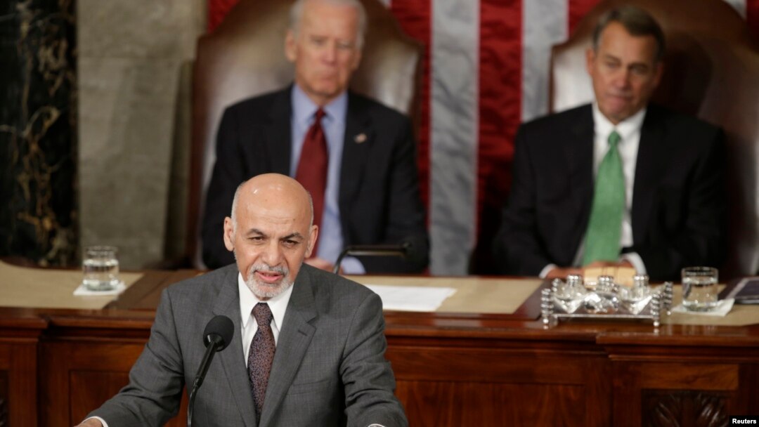 Presiden Afghanistan Ashraf Ghani memberikan pidato di hadapan Kongres AS di gedung Capitol di Washington, Rabu (25/3).