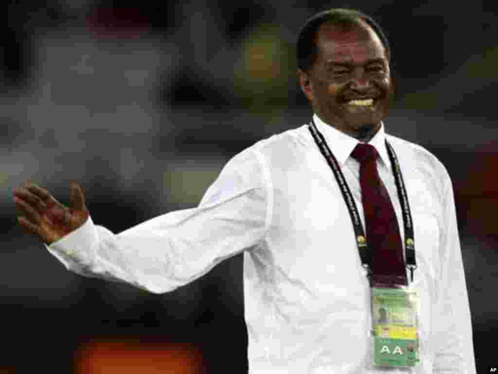 Sudan's coach Mohamed Abdalla celebrates after his team won their African Nations Cup Group B soccer match against Burkina Faso at Estadio de Bata "Bata Stadium", in Bata January 30, 2012.