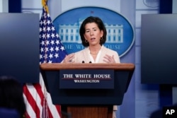 U.S. Commerce Secretary Gina Raimondo speaks during a press briefing at the White House, in Washington, April 7, 2021.