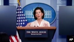 Commerce Secretary Gina Raimondo speaks during a press briefing at the White House, in Washington, April 7, 2021.