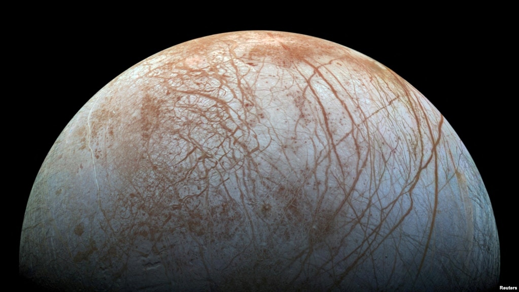 FILE - A view of Jupiter's moon Europa created from images taken by NASA's Galileo spacecraft in the late 1990s. (NASA/JPL-Caltech/SETI Institute/ Handout via REUTERS)