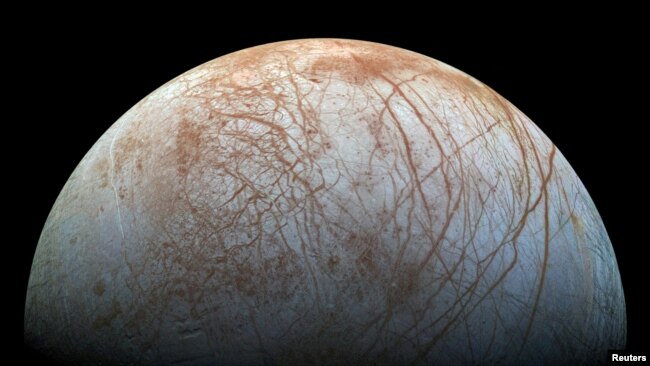 FILE - A view of Jupiter's moon Europa created from images taken by NASA's Galileo spacecraft in the late 1990s. (NASA/JPL-Caltech/SETI Institute/ Handout via REUTERS)
