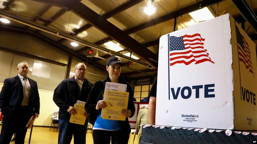 FILE - In this March 15, 2016, file photo, people line up to vote in the primary at a precinct in Bradfordton, Il. 