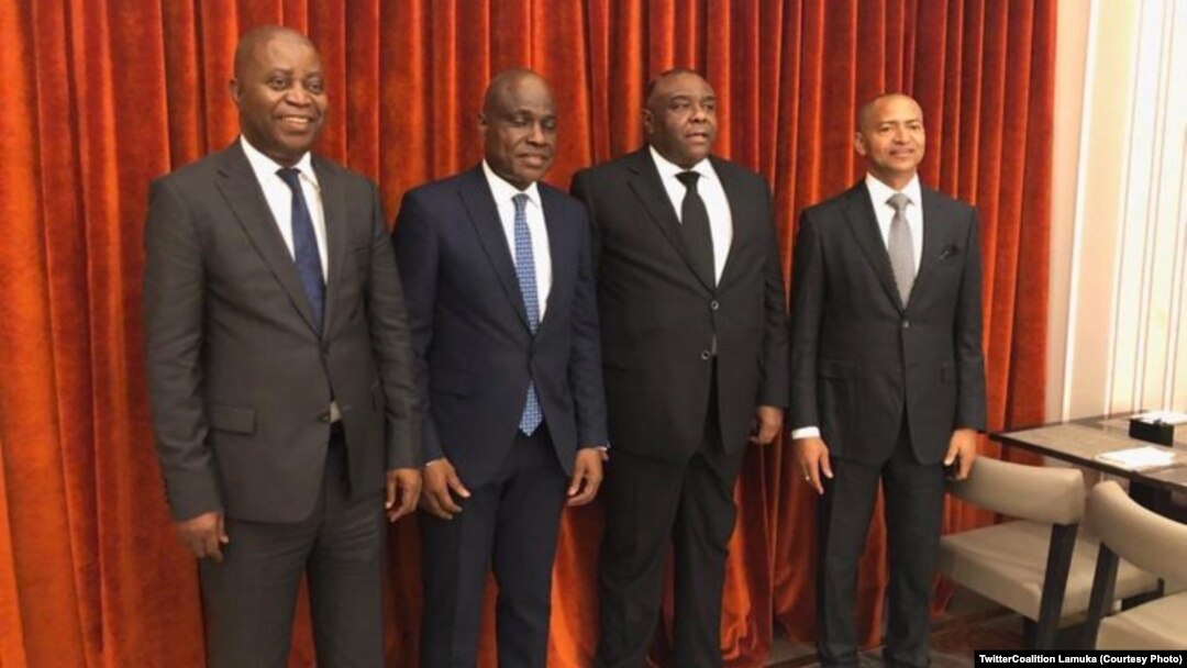 Adoplhe Muzito, Martin Fayulu, Jean-Pierre Bemba mpe Moïse Katumbi na bokutani, na photo etiyami na Twitter ya Lamuka, 27 mars 2020. (TwitterCoalition Lamuka)