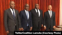 Adoplhe Muzito, Martin Fayulu, Jean-Pierre Bemba mpe Moïse Katumbi na bokutani, na photo eiytami na Twitter ya Lamuka, 27 mars 2020. (TwitterCoalition Lamuka)