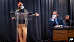 American journalist Danny Fenster speaks at a news conference in New York, Nov. 16, 2021, after arriving in the United States following a six month detention in Myanmar.