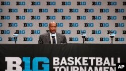 Big Ten commissioner Kevin Warren addresses the media in Indianapolis, Thursday, March 12, 2020, after it was announced that the remainder of the Big Ten Conference men's basketball tournament will be canceled.