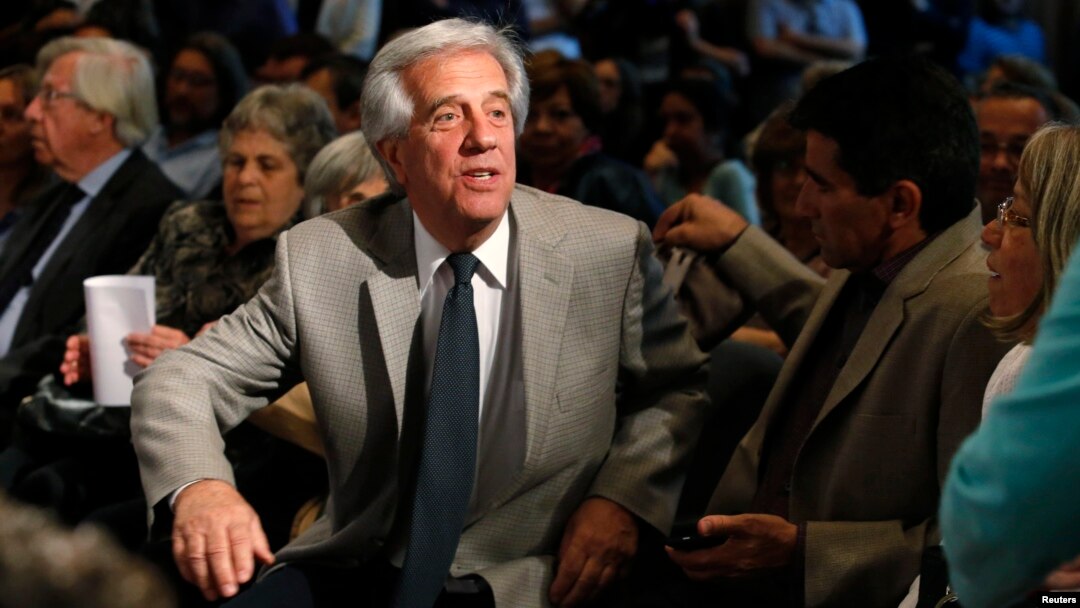Tabare Vazquez, presidential candidate for the ruling Frente Amplio, gestures before giving his speech to supporters in Montevideo, Uruguay, Nov. 7, 2014.