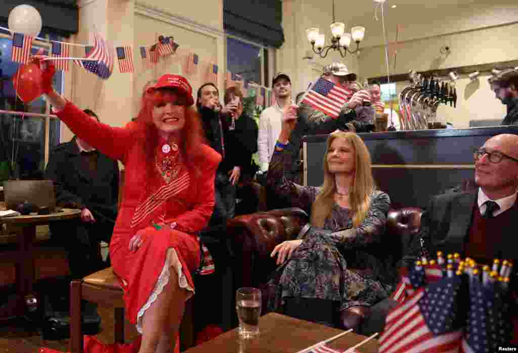 Republican supporter Gloria Martin attends a Republicans Overseas UK event to watch the inauguration of Donald Trump as U.S. president, at a pub in London, Britain, Jan. 20, 2025. 