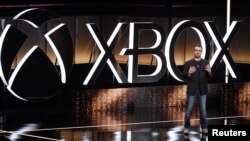 Jean Guesdon, Creative Director at Ubisoft Montreal, speaks during the Microsoft Xbox E3 2017 media briefing in Los Angeles, California, US, June 11, 2017