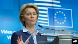 European Commission President Ursula von der Leyen speaks during a news conference after a video conference with EU leaders in EU summit format at the European Council building in Brussels, Thursday, April 23, 2020. European Union leaders agreed…