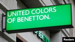 FILE - The Benetton logo is seen at a company store in Zurich, Switzerland, Oct. 30, 2019.