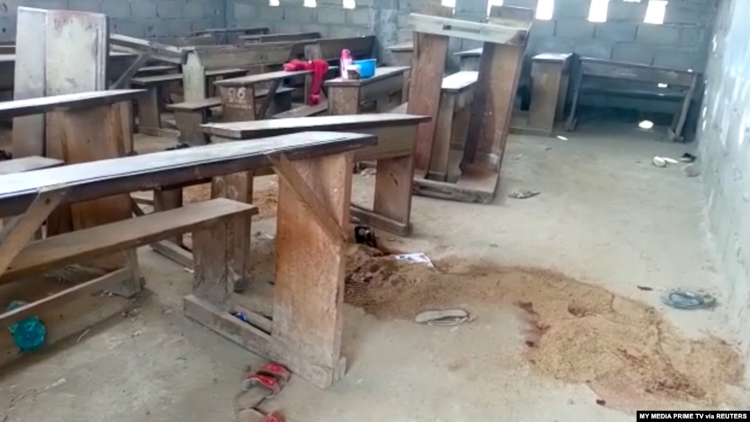FILE - An empty classroom is seen following a shooting at a school in Kumba, Cameroon, Oct. 24, 2020, in this screen grab obtained from a social media video. 