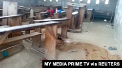 FILE - An empty classroom is seen following a shooting at a school in Kumba, Cameroon, Oct. 24, 2020, in this screen grab obtained from a social media video. Hundreds of displaced girls call for, Oct. 11, 2022, better security so children can return to classrooms.