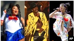 En esta combinación de fotos, de izquierda a derecha, Lizzo canta en el Voodoo Music Experience en Nueva Orleans, Lil Nas X interpreta "Old Town Road" en los Premios BET en Los Angeles, y Billie Eilish da un concierto como parte de su gira "When We All Fall Asleep". (AP Photo) 