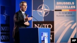 NATO Secretary General Jens Stoltenberg speaks during a media conference at NATO headquarters on the eve of a summit of the NATO heads of state and governments in Brussels, July 10, 2018.