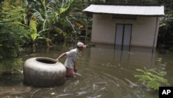 A man pulls a giant jar in flood waters on a street in Kandal province September 30, 2011. Some 141 people have died in Cambodia since Aug. 13 in the worst flooding along the Mekong River in 11 years after heavy rain swamped homes, washed away bridges and