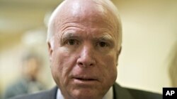 Senator John McCain speaks with reporters on Capitol Hill in Washington, Jan. 22, 2013, about the situation in Syria.