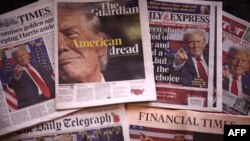 A picture taken in London on November 7, 2024 shows the frontpages of some of Britain's national newspapers about the re-election of US President-elect Donald Trump.