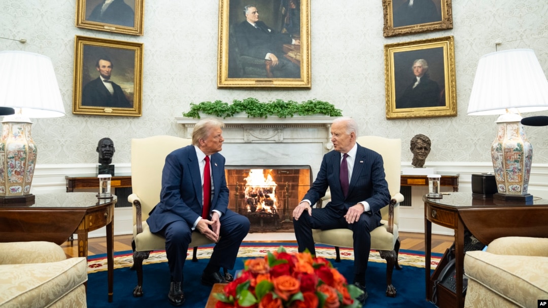 President Joe Biden meets with President-elect Donald Trump in the Oval Office of the White House, in Washington, Nov. 13, 2024.