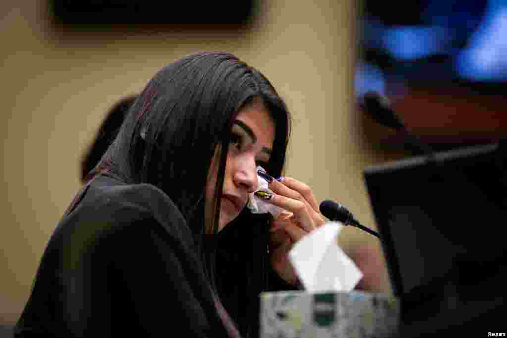 Yazmin Juarez, mother of 19-month-old Mariee, who died after detention by U.S. Immigration and Customs Enforcement, wipes away a tear as she testifies at a House Oversight Subcommittee hearing on Capitol Hill in Washington, D.C., July 10, 2019.