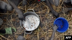 FILE - Children collect grain spilled on a field from food aid bags that ruptured upon ground impact following a food drop from a plane at a village in Ayod county, South Sudan, Feb. 6, 2020.