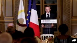 French President Emmanuel Macron speaks during a gala dinner at the 19th Francophonie Summit, at the Elysee Palace, in Paris, Oct. 4, 2024.