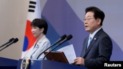 2026년 5월 19일 화요일, 대한민국 안동에서 다카이치 사나에 일본 총리와 이재명 대한민국 대통령이 공동 기자회견에 참석하고 있다.