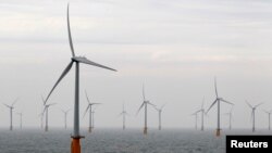 Wind turbines at Thanet Offshore Wind Farm off the Kent coast, southern England, Sept. 23, 2010.