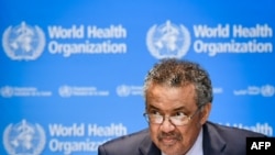 FILE - World Health Organization (WHO) Director-General Tedros Adhanom Ghebreyesus attends a press conference at the WHO headquarters in Geneva, Oct. 18, 2019.