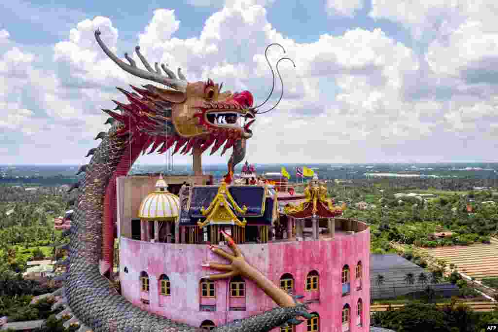 An aerial view shows the Buddhist temple Wat Samphran (Dragon Temple) in Nakhon Pathom, some 40km west of Bangkok.